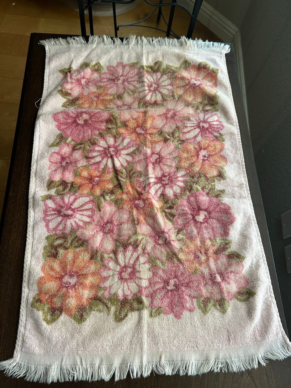 Vintage hand towel pink fringed MOD flower power
